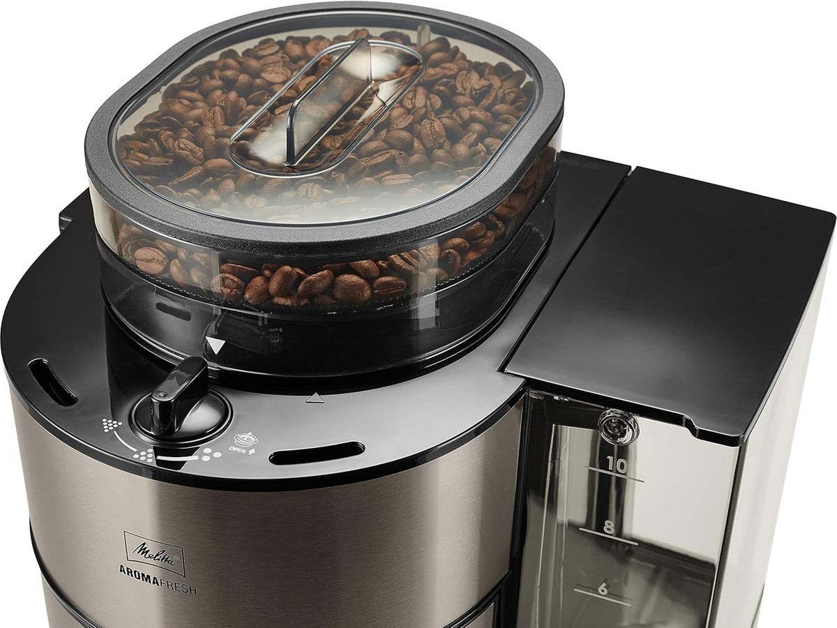 Melitta AromaFresh - Filterkaffeemaschine - mit Glaskanne - integriertes Mahlwerk - Timer Funktion - 10 Tassen - Pure Black