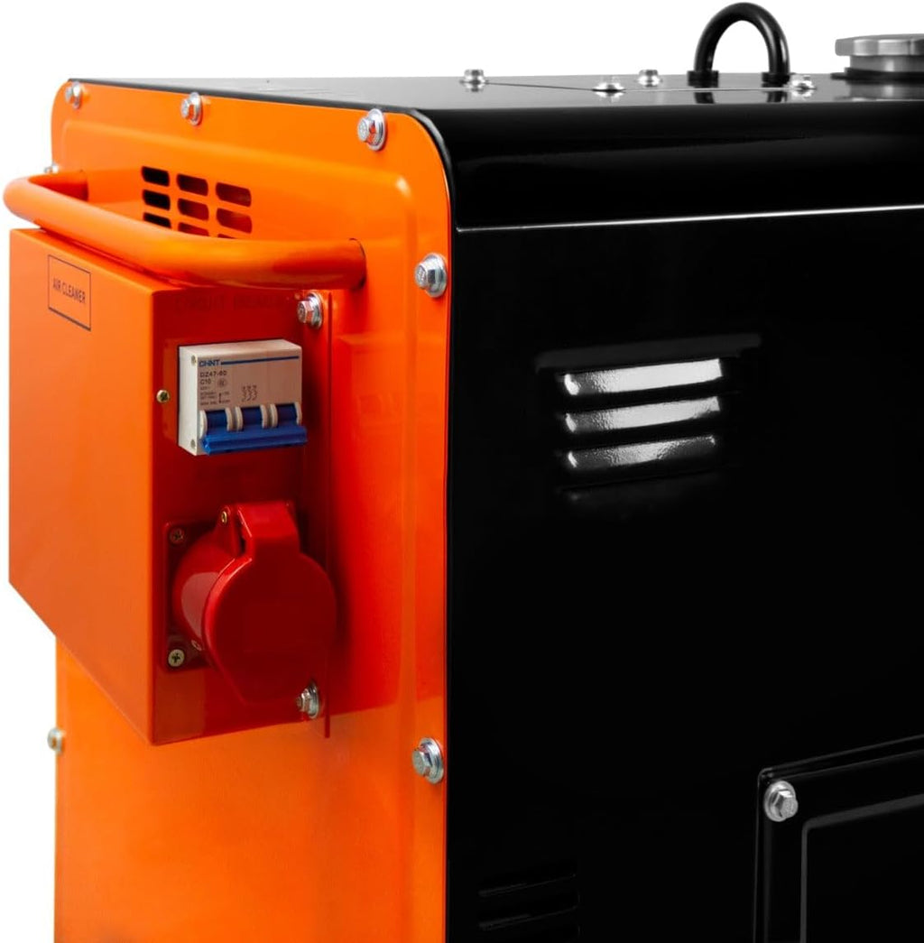 Leiser Dieselgenerator, dreiphasig, ATS, 6,5 kVA, 6500 W, 13 PS, 230 V, 400 V, Elektrostart, geschlossener Rahmen, Notfallstrom, 4 tragbare Räder, schwarzer pulverbeschichteter Stahl, 20 l