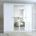 A und J MöbelLand Oslo Kleiderschrank 4-türig mit 3 Schubladen - 200 x 215 cm - Drehtürenschrank mit Kleiderstange und Einlegeböden, Modernes Design mit Metallgriffen