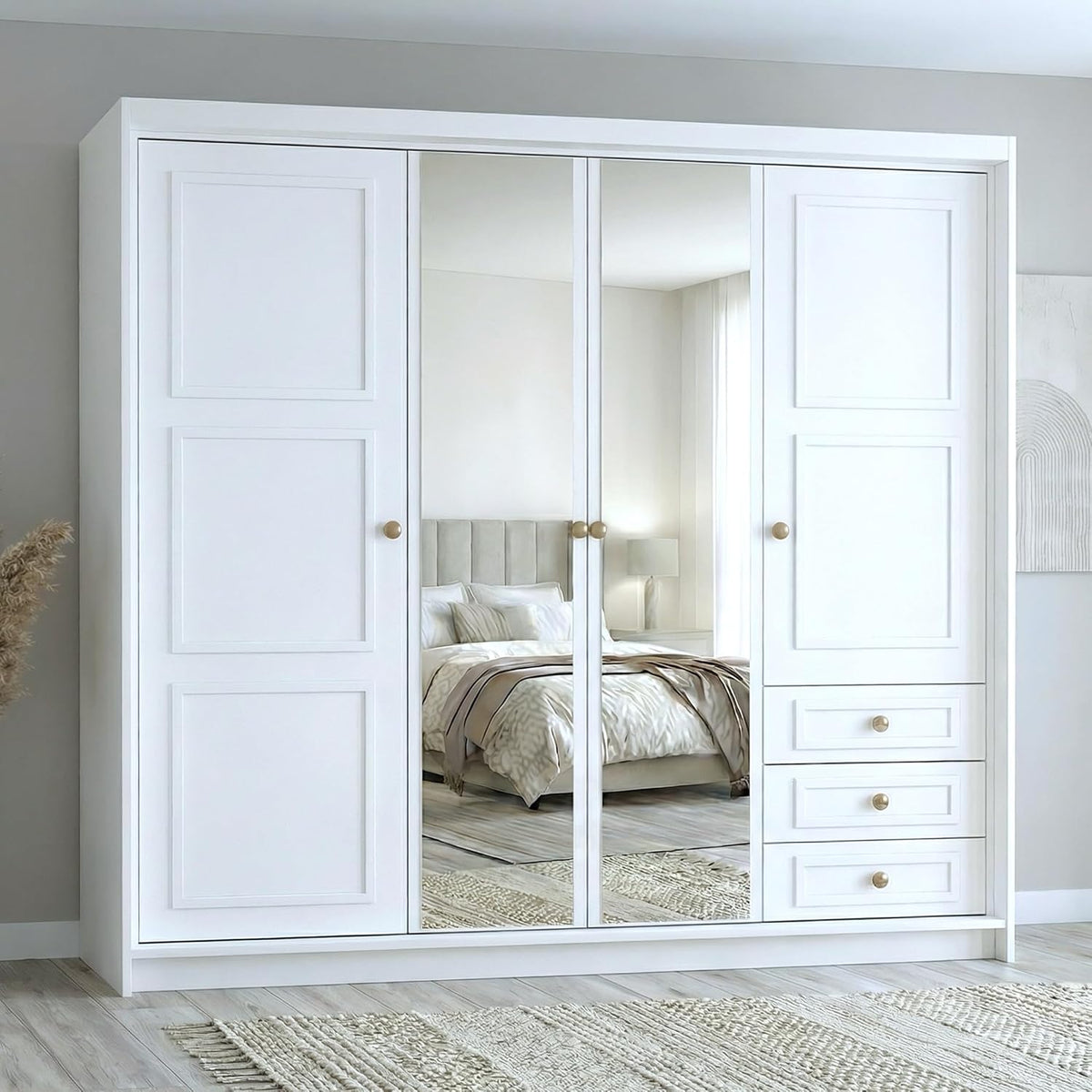 A und J MöbelLand Oslo Kleiderschrank 4-türig mit 3 Schubladen - 200 x 215 cm - Drehtürenschrank mit Kleiderstange und Einlegeböden, Modernes Design mit Metallgriffen