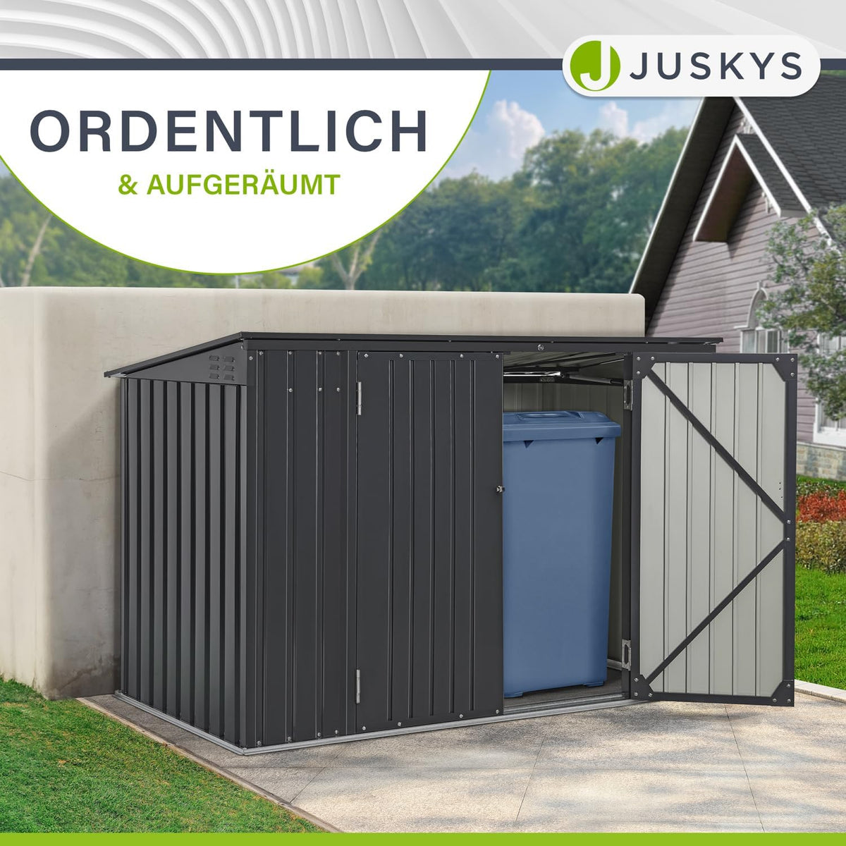 Juskys 3er Mülltonnenbox Namur 3 x 120 Liter Tonnen - 2m² - 2 Türen - Metall Mülltonnenverkleidung Müllbox Müllhaus Aufbewahrungsbox