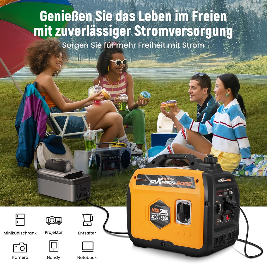 maXpeedingrods Inverter Stromerzeuger 3500W Superleise, Leicht und Mobil Benzin Notstromaggregat Stromgenerator, ECO-Modus mit 2x 230V / 2x USB / 1x 12V DC Steckdosen für RV Camping Festivals, Reise