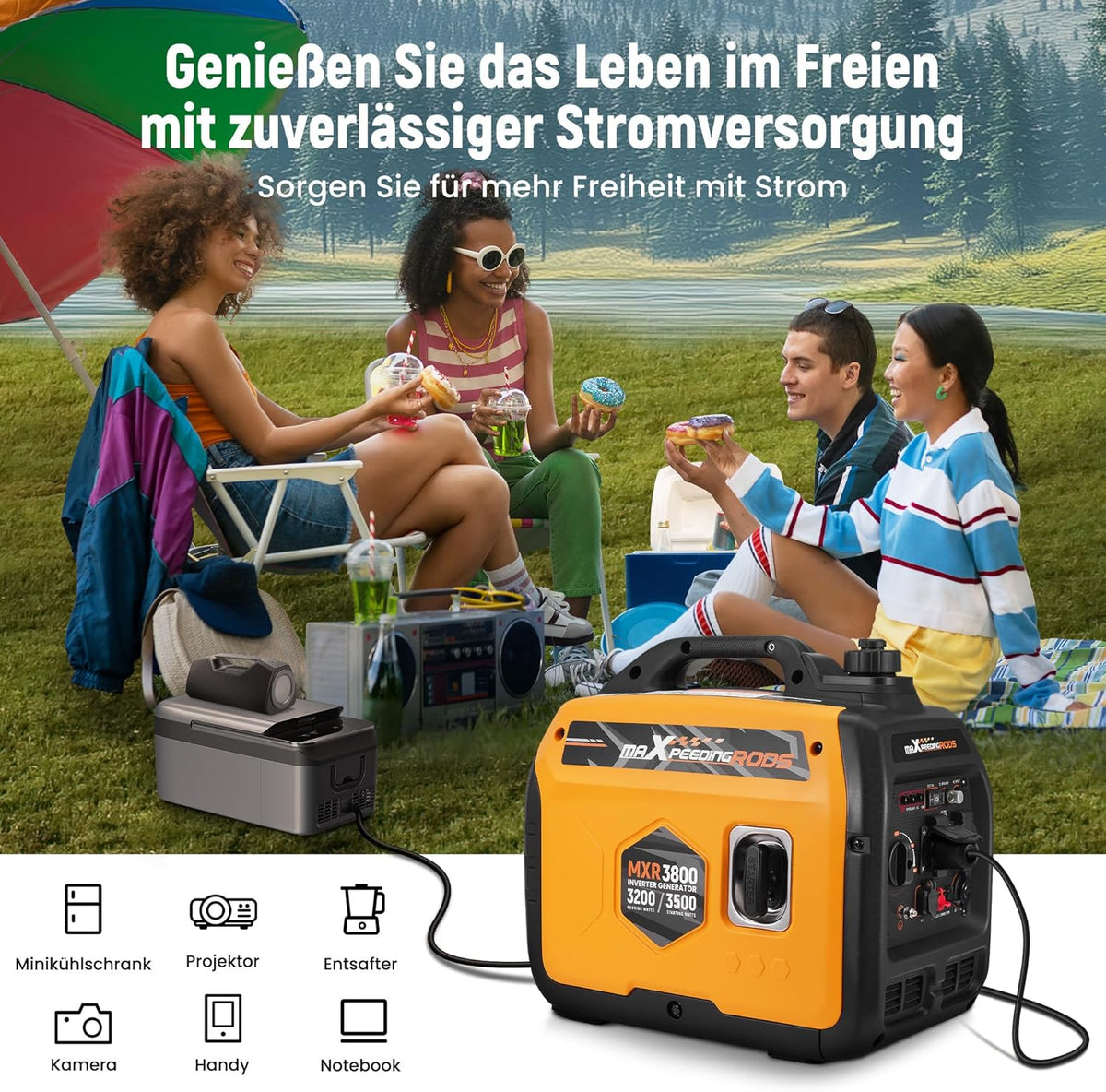 maXpeedingrods Inverter Stromerzeuger 3500W Superleise, Leicht und Mobil Benzin Notstromaggregat Stromgenerator, ECO-Modus mit 2x 230V / 2x USB / 1x 12V DC Steckdosen für RV Camping Festivals, Reise