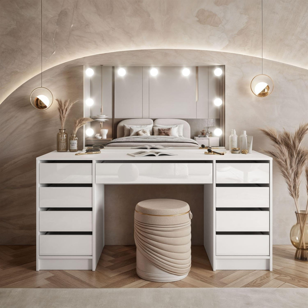 Lookway Schminktisch MADA Elite II mit LED-Spiegel - Eleganter Kaschmir oder Weiß Hochglanz, Wandmontage, Geräumige Schubladen (Weiß/Weiß Hochglanz)