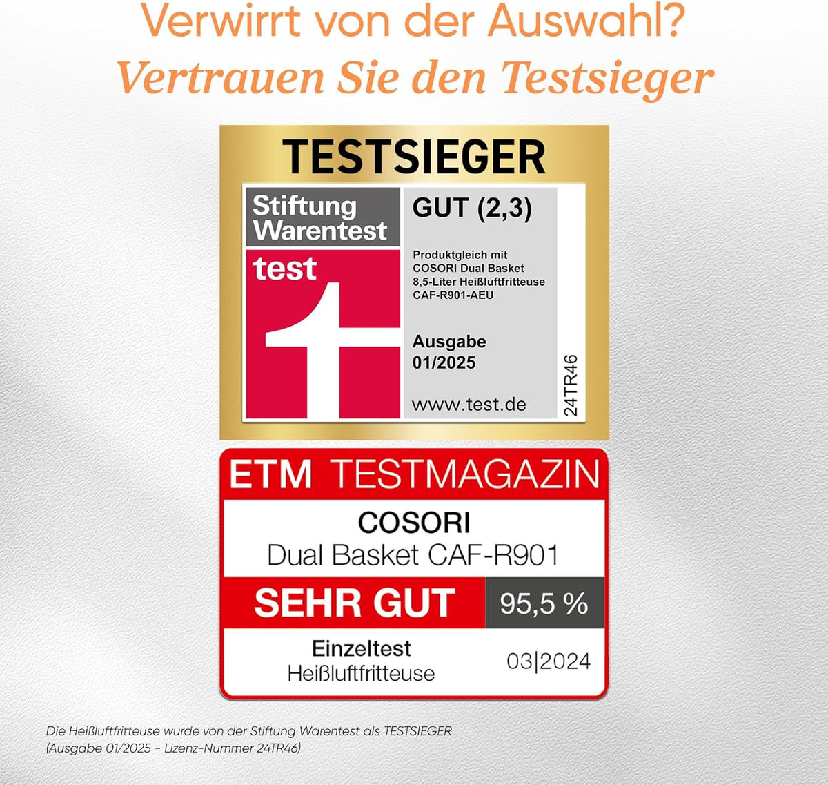 COSORI Heißluftfritteuse 2 Kammern, Airfryer Testsieger der Stiftung Warentest, 6-in-1 Dual Zone Air fryer 8,5 L, Heissluftfritteuse Doppelkammer mit Sichtfenster, energiesparend, Gold