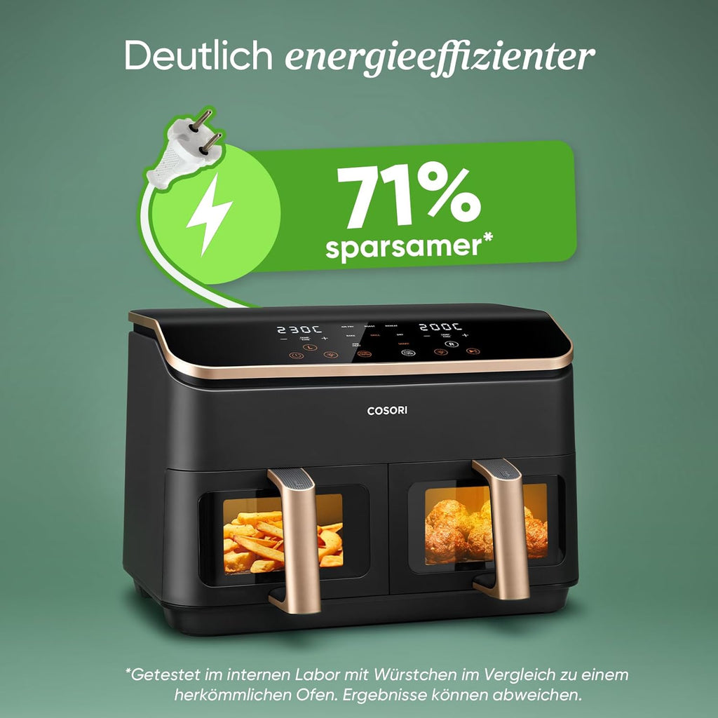 COSORI Heißluftfritteuse 2 Kammern, Airfryer Testsieger der Stiftung Warentest, 6-in-1 Dual Zone Air fryer 8,5 L, Heissluftfritteuse Doppelkammer mit Sichtfenster, energiesparend, Gold