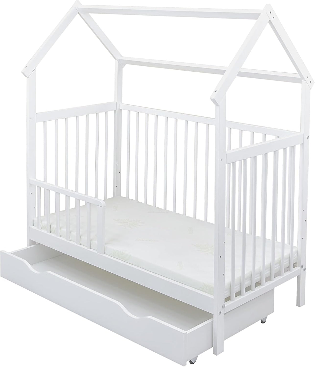 Baby Delux Babybett Komplett Set Hausbett 60x120 cm weiß Schublade Rausfallschutz Kinderbett Matratze Bettwäsche Deko Set (Prince Stars)