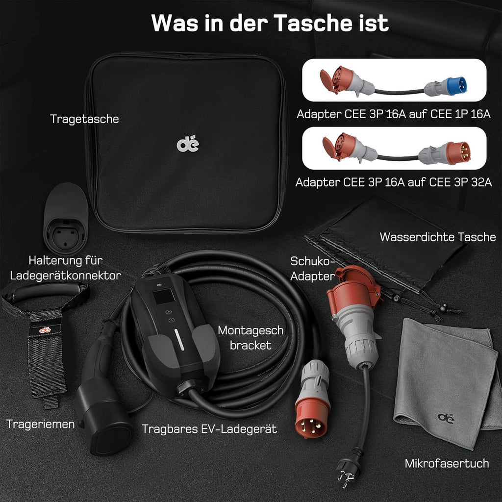 dé Mobile Wallbox/Ladestation 11kW 3-phasig|7m|6-16A] mit Traveller Adapter Set, Ladekabel CEE 16A auf Typ 2 und EV Ladegerät für Model Y/3, ID.3/4/5, MG4, EX30, e-up, e-tron, Zoe und andere EV