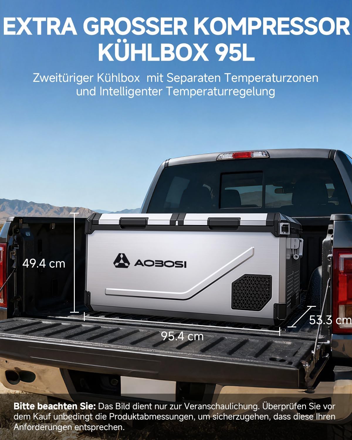 AAOBOSI 95L Kompressor Kühlbox Dual Zone bis -20℃，Edelstahlgehäuse & Aluminium-Innenausstattung，12/24V DC & 230V AC，Kühlbox Kompressor für Auto, Boot, Camping und Geländefahrt