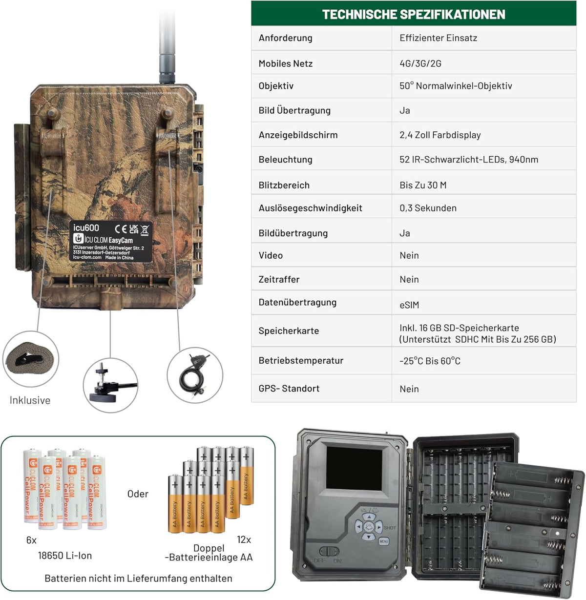 ICU CLOM EasyCam Outdoor Wildkamera – 50° Erfassungswinkel, 16GB SD-Karte, 4G/LTE Verbindung, Bewegungsmelder & App-Steuerung für Jagd & Überwachung