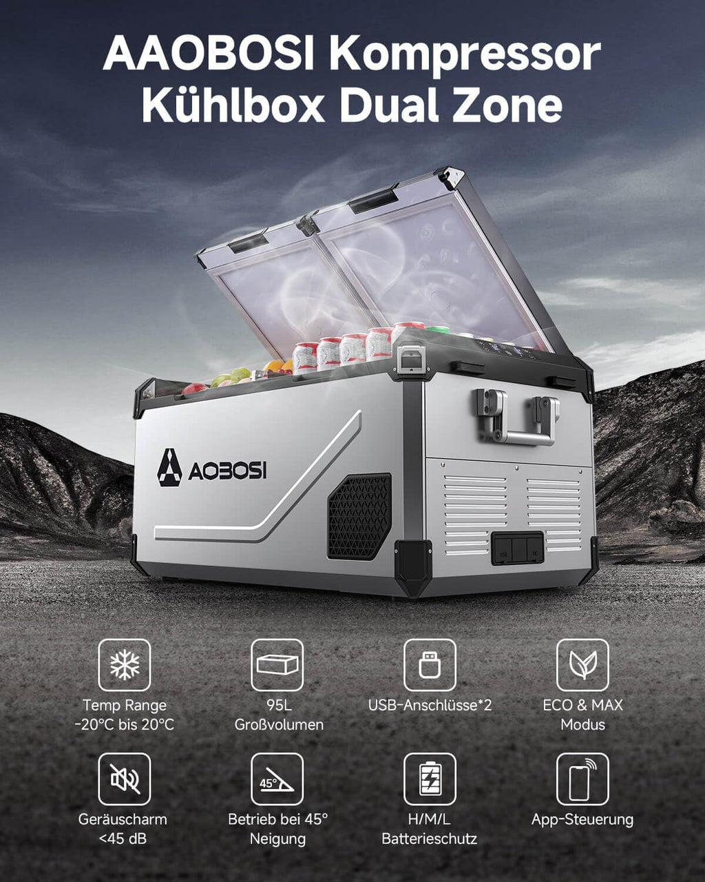 AAOBOSI 95L Kompressor Kühlbox Dual Zone bis -20℃，Edelstahlgehäuse & Aluminium-Innenausstattung，12/24V DC & 230V AC，Kühlbox Kompressor für Auto, Boot, Camping und Geländefahrt