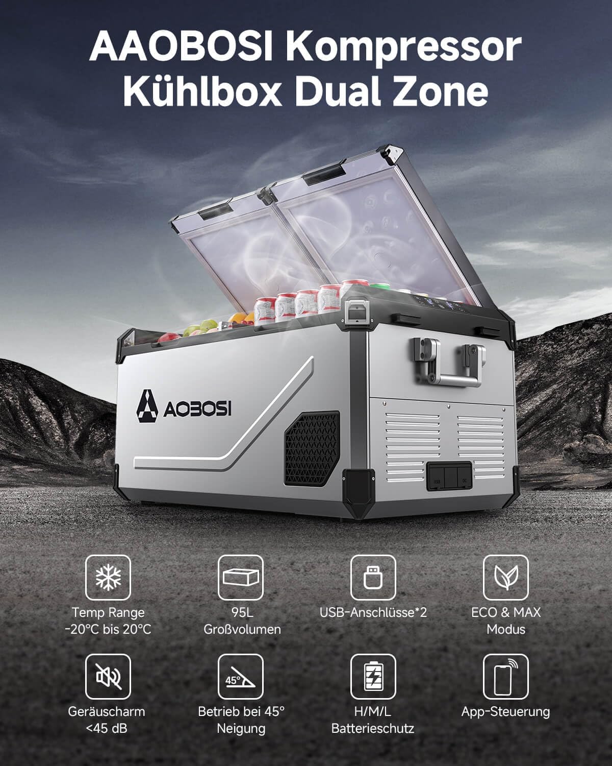 AAOBOSI 95L Kompressor Kühlbox Dual Zone bis -20℃，Edelstahlgehäuse & Aluminium-Innenausstattung，12/24V DC & 230V AC，Kühlbox Kompressor für Auto, Boot, Camping und Geländefahrt