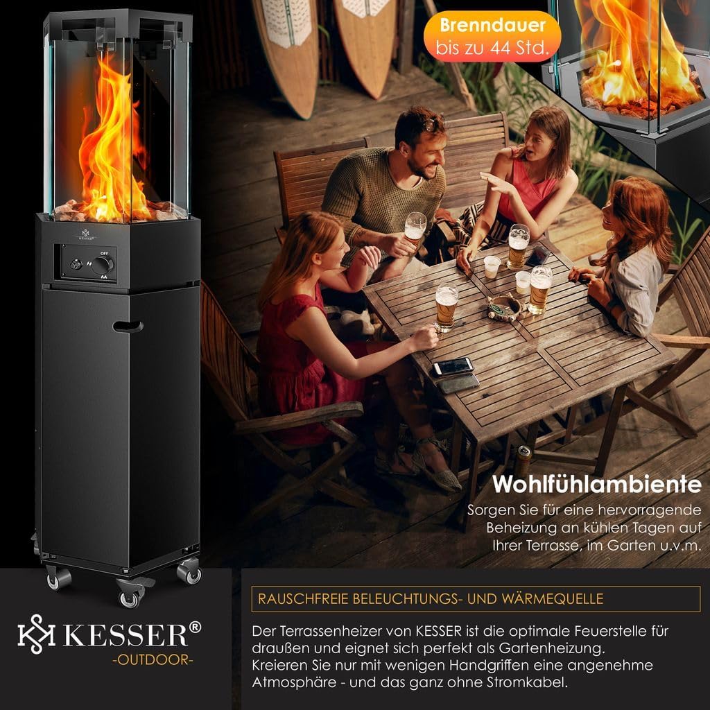 KESSER® Gasheizstrahler 4/8 kW Gas Piezozündung Heizung + Gasdruckregler + Cover, 360° Rollen Kippschutz, Terrassenheizstrahler Gasheizung Gasheizer Outdoor Kamin Mobiler Heizpilz, Heizer, Schwarz