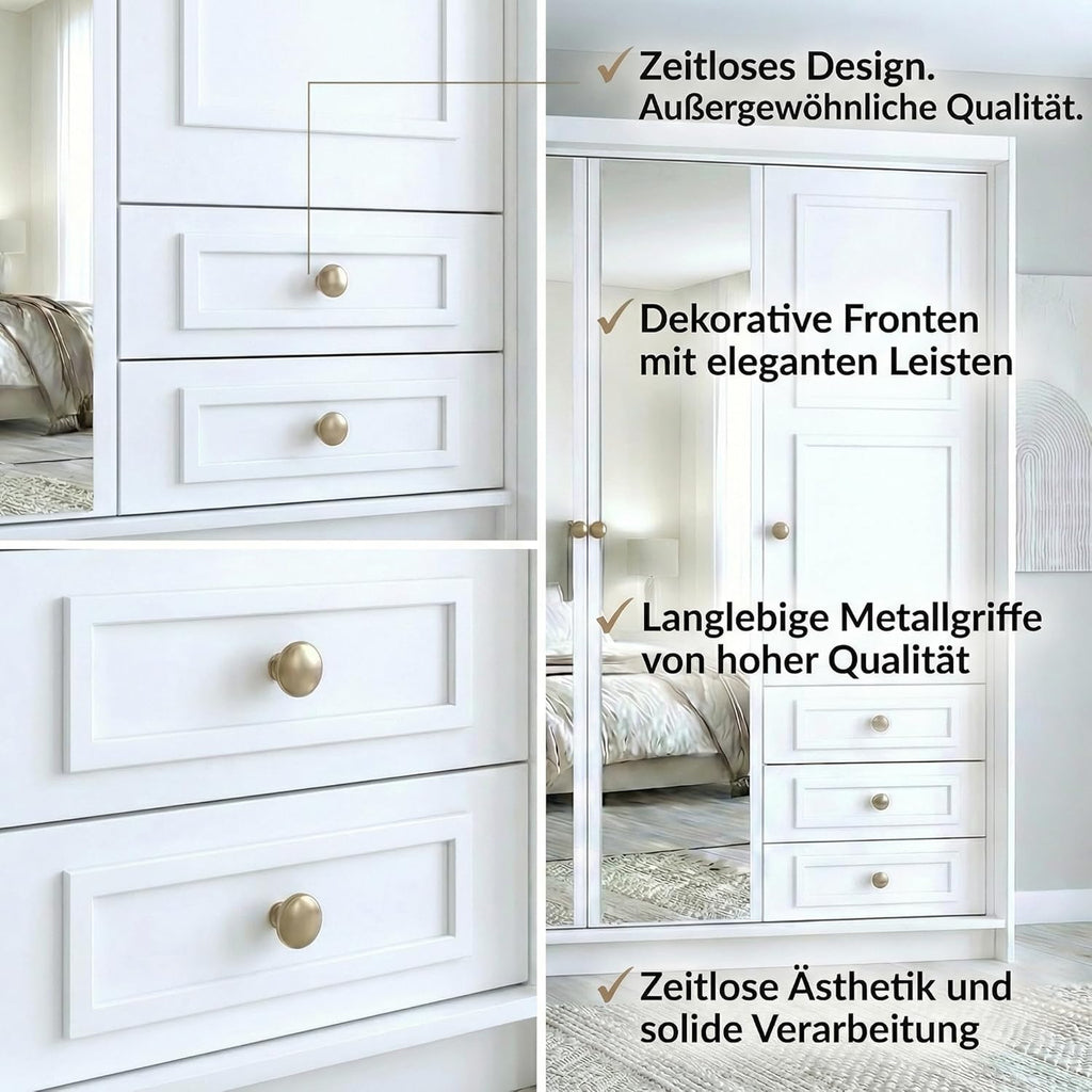 A und J MöbelLand Oslo Kleiderschrank 4-türig mit 3 Schubladen - 200 x 215 cm - Drehtürenschrank mit Kleiderstange und Einlegeböden, Modernes Design mit Metallgriffen