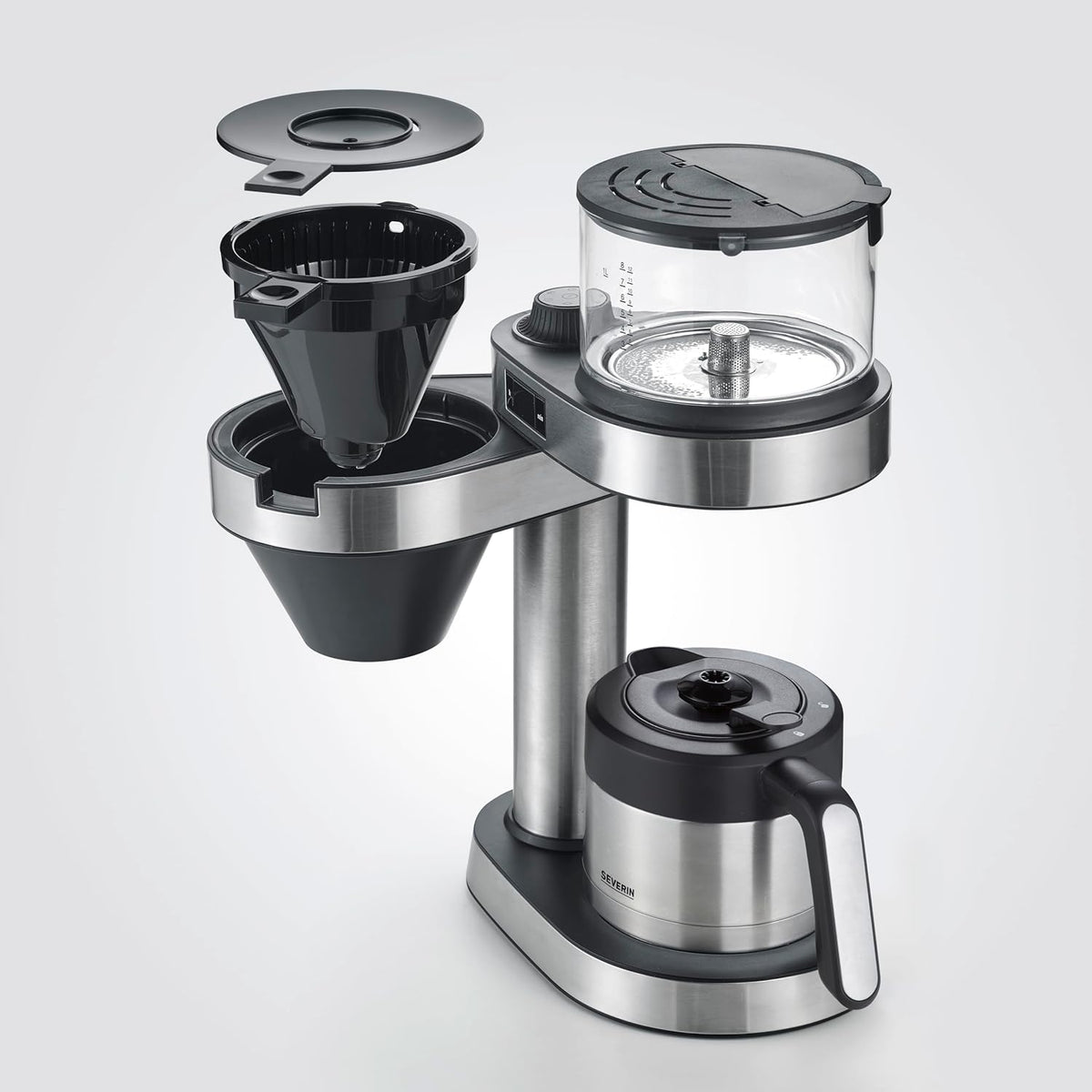 Severin Filterkaffeemaschine "Caprice" mit auslaufsicherer Thermokanne, wie von Hand aufgebrüht, Kaffeebereiter für bis zu 8 Tassen, Kaffeemaschine mit Timer, 1l, Edelstahl-gebürstet/schwarz, KA 5763