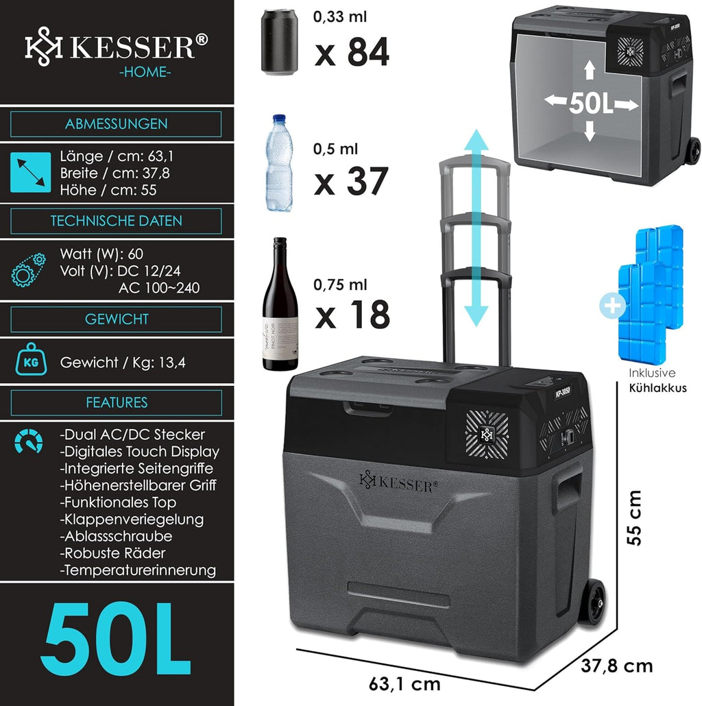 KESSER® Kompressor Kühlbox auto elektrisch 50L, Camping Kühlbox 12/24/230V mit APP-Steuerung, Gefrierbox bis –20 °C, Kühlbox mit Rädern & Teleskopgriff für Camping, Wohnmobil, LKW & Boot + 2 Kühlakkus