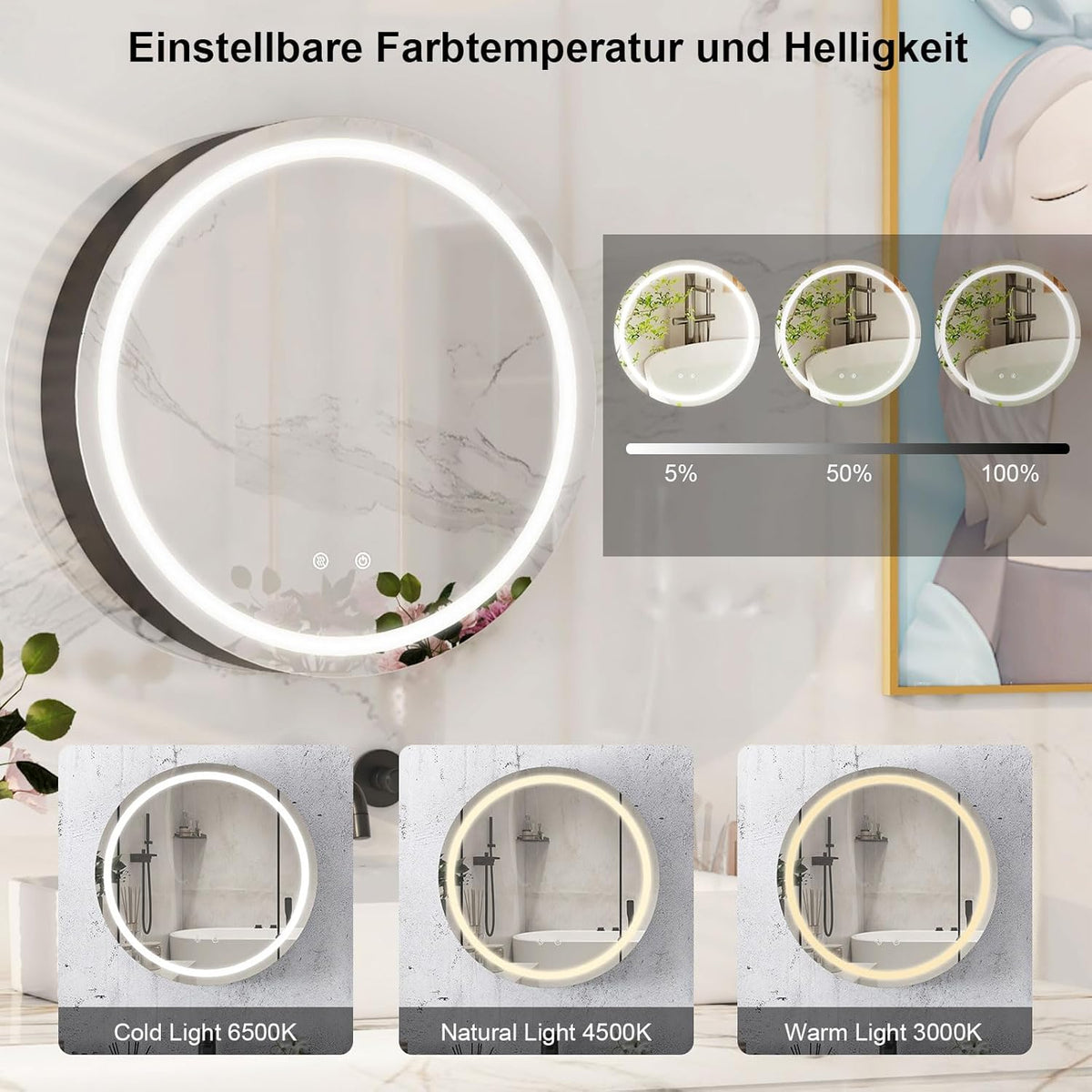 Badezimmerschrank mit Licht,Spiegelschrank rund montagefrei mit Beleuchtung,LED-Spigelschrankschrank,Runder Schwarzer Metallrahmen,Spiegelschrank für Badezimmer,3 Lichtfarben, Antibeschlag,60x60cm