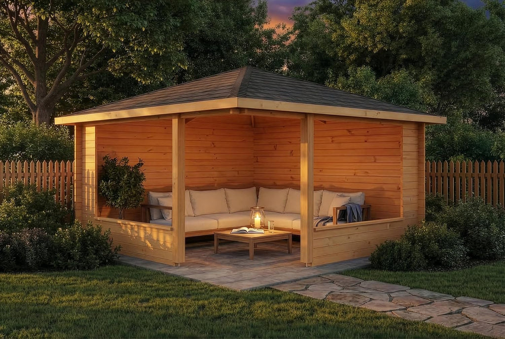 5-Eck Gartenlaube Maik-40 aus Massiv-Holz 400 x 400 cm, Gartenhaus mit 40 mm Wandstärke, Mit Imprägnierung (Pinie)