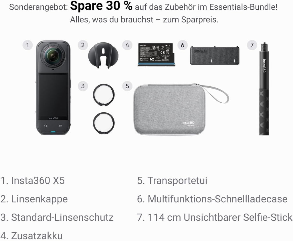 X5 Must-Have-Bundle - wasserdichte 8K 360°-Kamera, Führend bei wenig Licht, Unsichtbarer Selfie-Stick-Effekt, robuste & auswechselbare Linsen, 3 h Akku