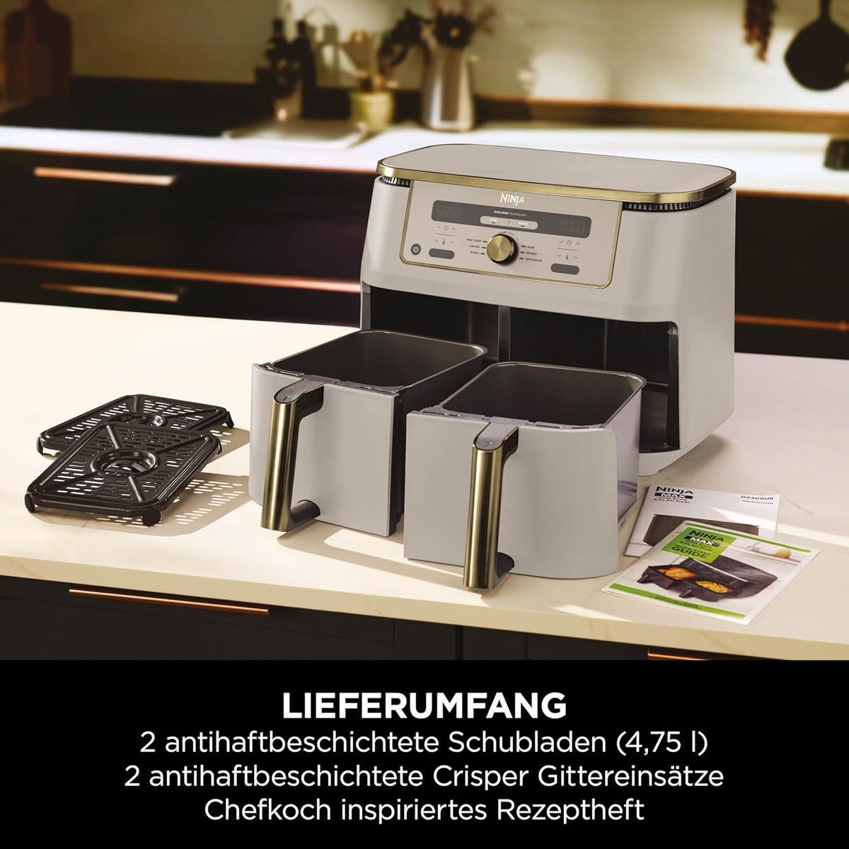 Ninja Dual Zone Digital Air Fryer, 2 Schubladen, 6-in-1, Heißluftfritteuse, 9,5L, Heißluft-Frittieren, Max Crisp, Rösten, Backen, Aufwärmen, Spülmaschinenfeste Körbe, Stone/Gold DZ400EUSTGD