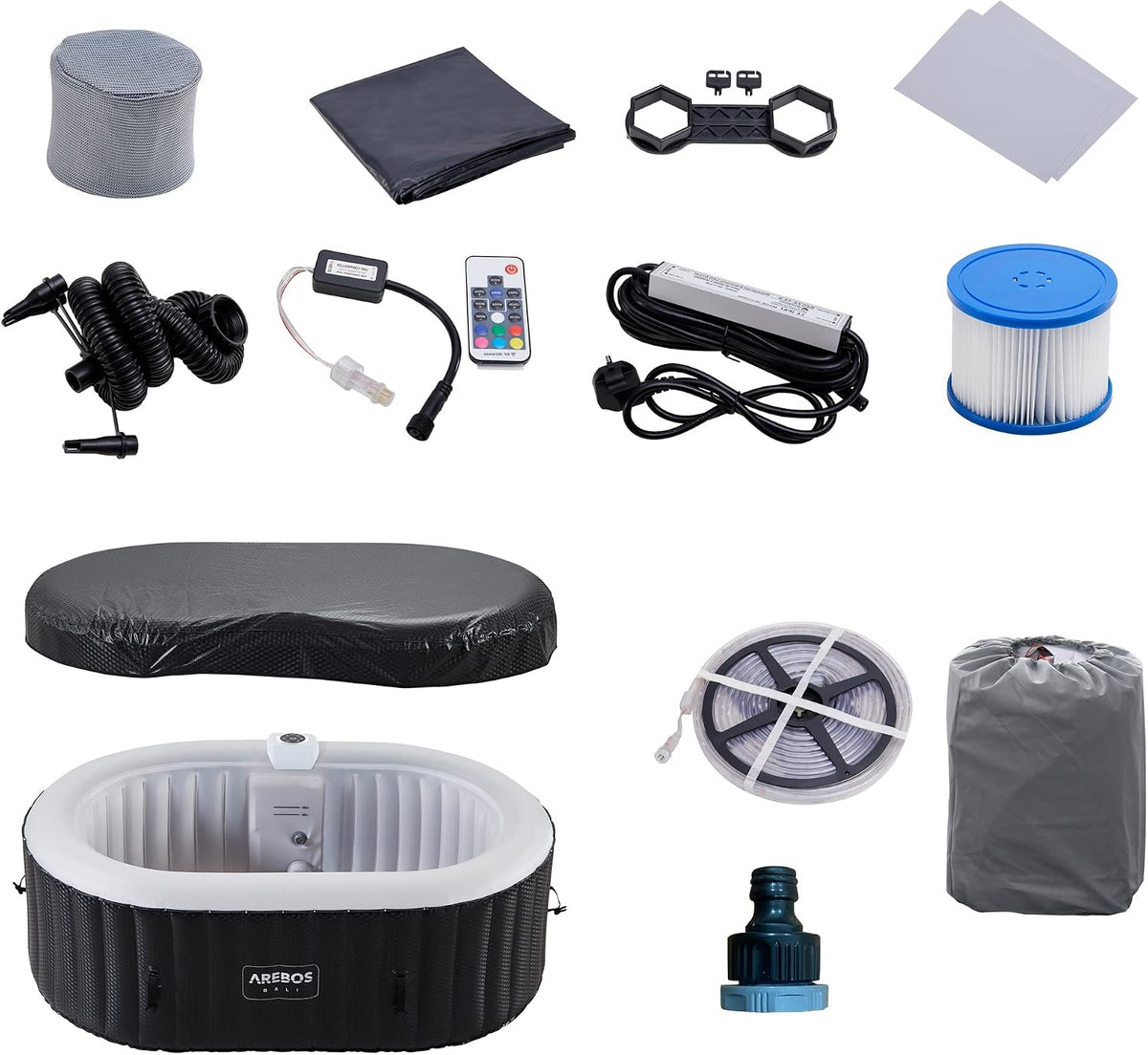 Arebos Whirlpool mit LED Beleuchtung | Aufblasbar | In- & Outdoor | 190x120 cm oval | 2 Personen | 90 Massagedüsen | mit Heizung | 550 Liter | Inkl. Abdeckung | Bubble Spa & Wellness Massage