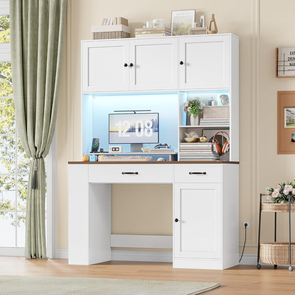 FirFurd 180cm hohe Schreibtisch mit Schubladen und Bücherregal, Computertisch aus Holz mit LED & Steckdosenleiste, Bürotisch PC-Tisch Möbel für Arbeitszimmmr, Büro, Kinderzimmer 180x120x50cm Weiß