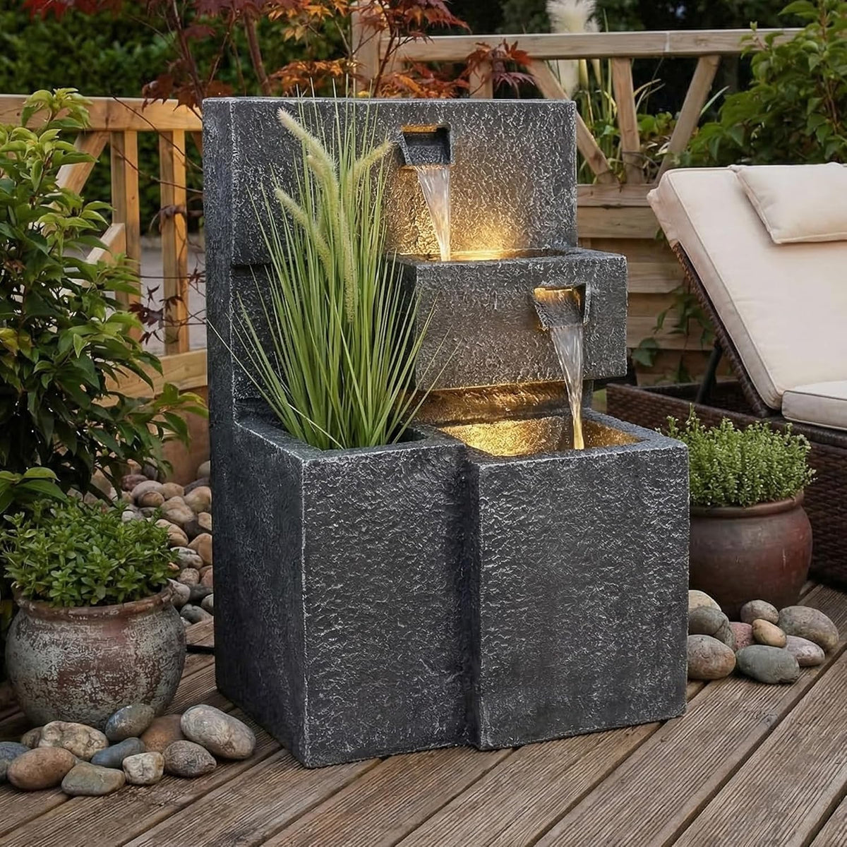Springbrunnen "Grada" Bepflanzbar mit LED Beleuchtung, Wasserfall Gartenbrunnen Kaskade Terrassenbrunnen