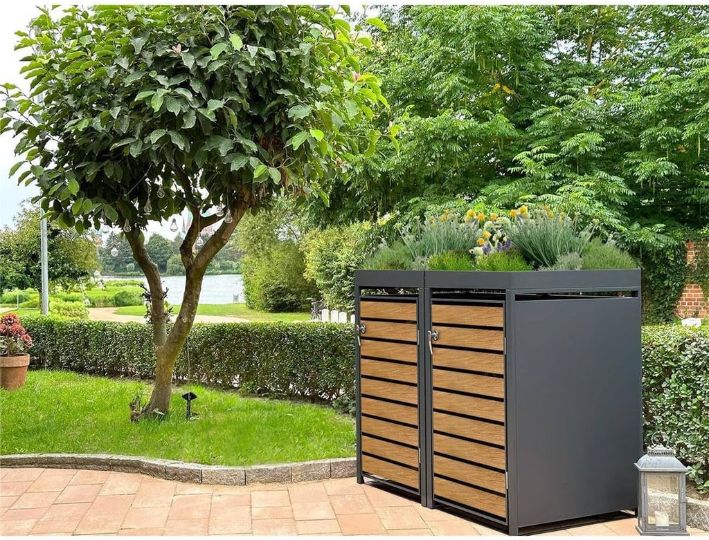 Metzler Mülltonnenbox 2er 240L in Anthrazit & Holzoptik mit Pflanzdach & Sichtstreifen, Mülltonnenverkleidung 2 Tonnen mit Automatikdeckel, Müllbox mit pulverbeschichtetem Stahl rostfrei, abschließbar