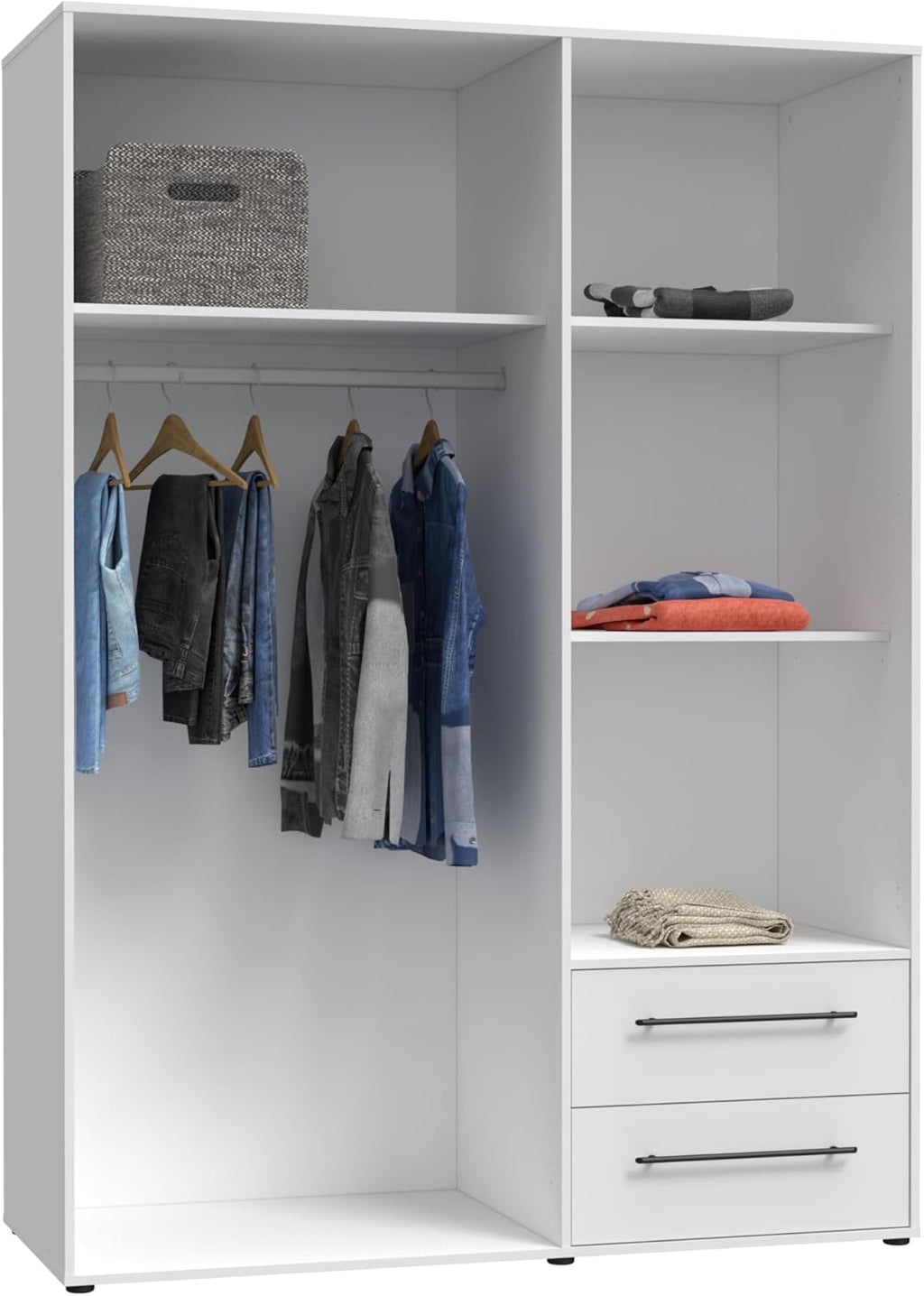 FORTE Jupiter Schrank 140 150, weißer Kleiderschrank, Drehtürenschrank, 3-türig, mit 2 Schubladen und Einlegeböden, Weiß, 145 cm breit x 59 cm tief x 200 cm hoch