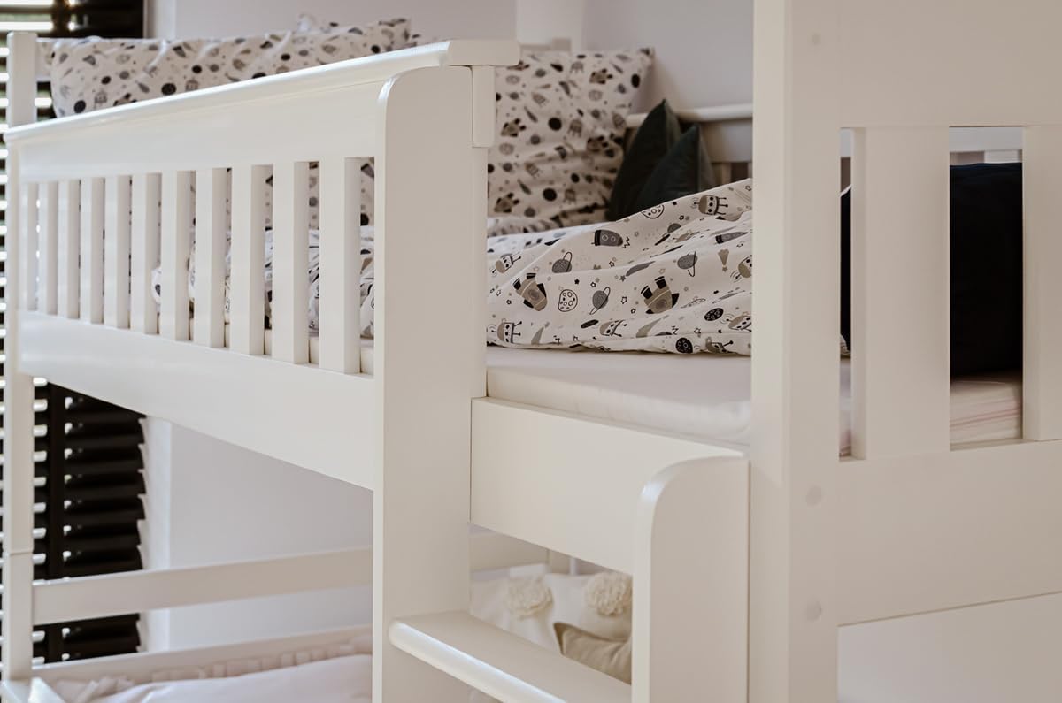 Kids Collective Hochbett 90x200 mit 3 Matratzen, Ausziehbett Etagenbett mit Ausziehfunktion, Zwei Schubladen, Lattenrost, Rausfallschutz umbaubar in DREI Einzelbetten, Vollholz massiv | weiß