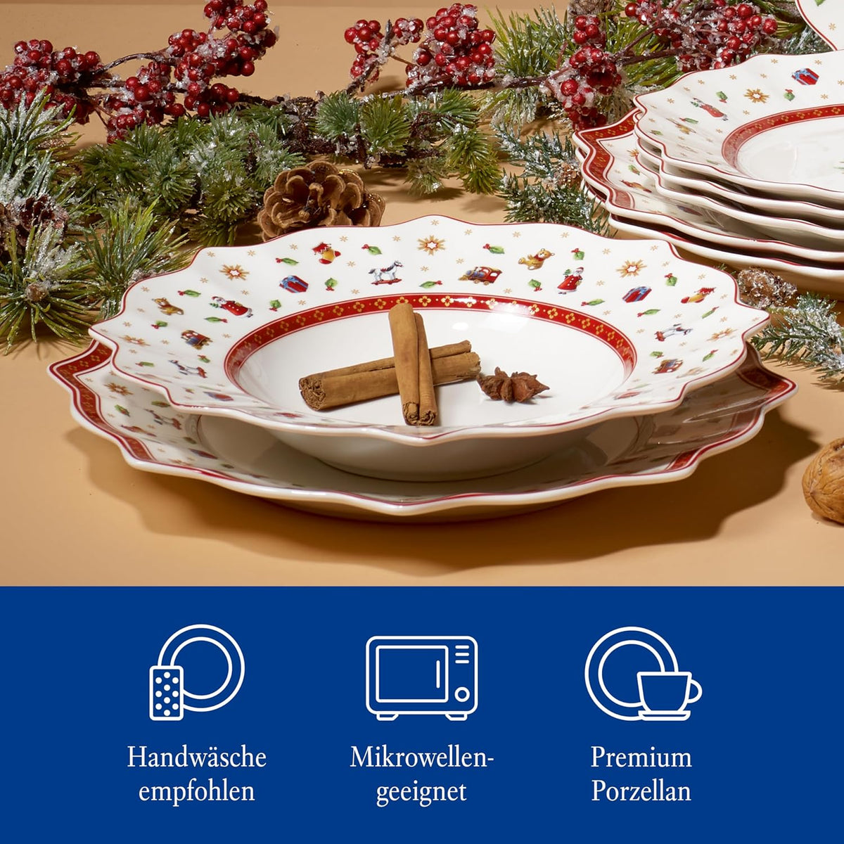 Villeroy & Boch – Toy's Delight Tafelservice Weihnachten 12 Teilig, Weihnachtsteller Set Toys, Weihnachtsgeschirr, Weihnachtsservice 4 Personen, Speiseteller, Suppenteller, Frühstücksteller, Porzellan