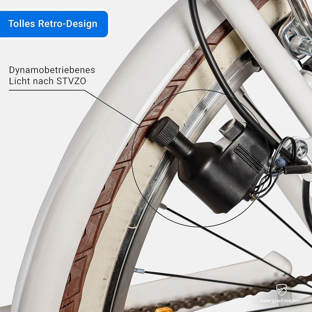 Bergsteiger Marseille 26, 28 Zoll Damenfahrrad, ab 150 cm, Korb aus Rattan, Fahrrad-Licht, Damen-Citybike, Damenrad im Retro-Design«, 6 Gang Tourney Schaltung, Kettenschaltung