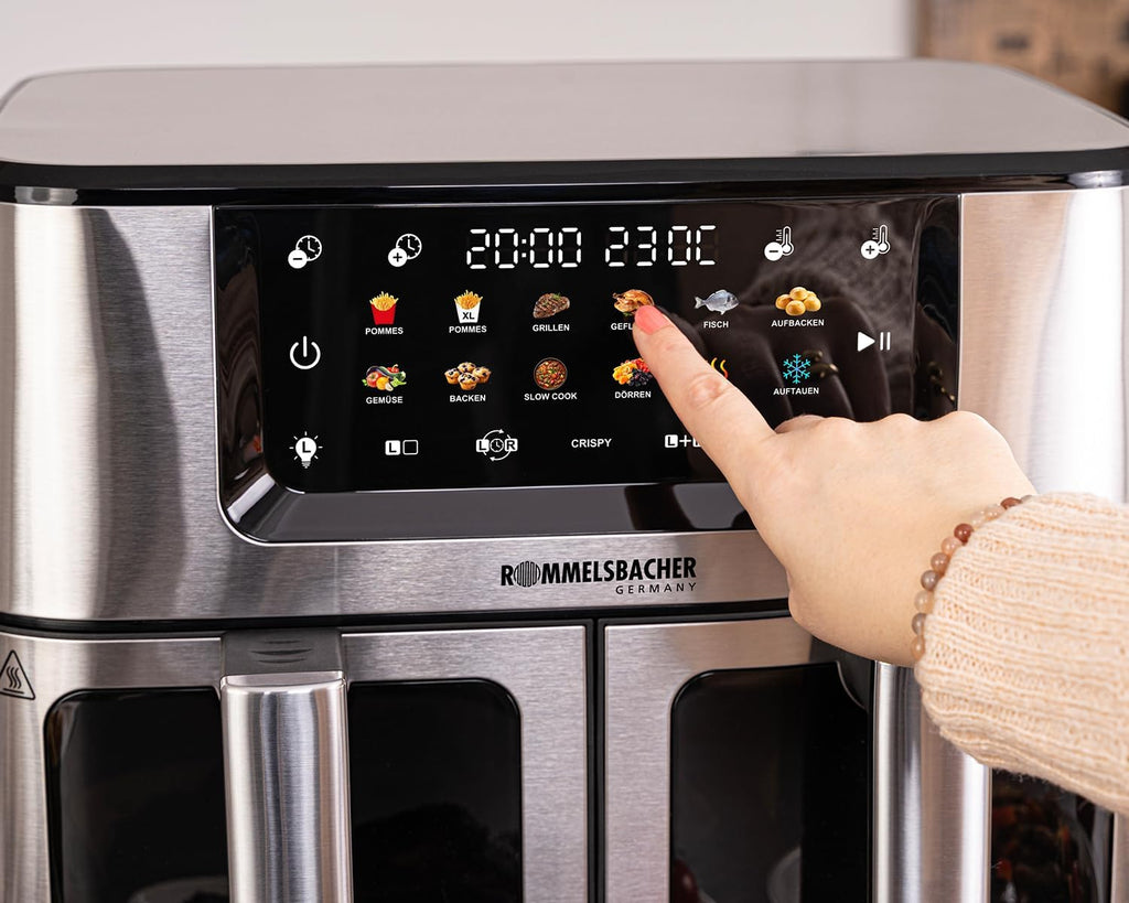 ROMMELSBACHER Doppel Heißluft Fritteuse FRH 2650, 2 Körbe a 5,5 Liter, 40 bis 230 °C, 12 Programme, Sichtfenster, Innenraumbeleuchtung, PFAS-frei, Match-und Sync-Funktion, gleichmäßige Wärmeverteilung
