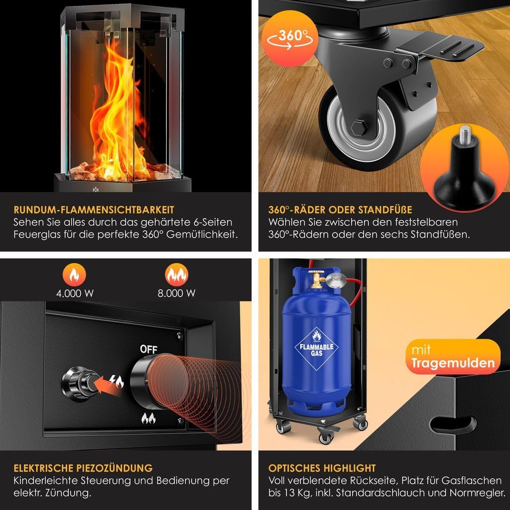 KESSER® Gasheizstrahler 4/8 kW Gas Piezozündung Heizung + Gasdruckregler + Cover, 360° Rollen Kippschutz, Terrassenheizstrahler Gasheizung Gasheizer Outdoor Kamin Mobiler Heizpilz, Heizer, Schwarz