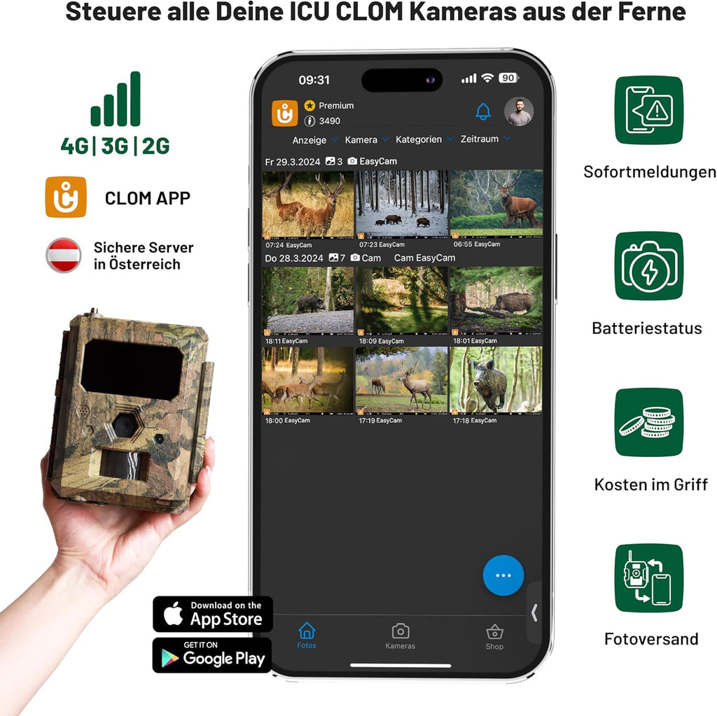 ICU CLOM EasyCam Outdoor Wildkamera – 50° Erfassungswinkel, 16GB SD-Karte, 4G/LTE Verbindung, Bewegungsmelder & App-Steuerung für Jagd & Überwachung