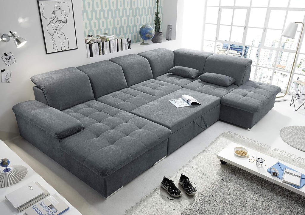 Stella Trading WAYNE Wohnlandschaft in U-Form, Stoffbezug Anthrazit - Ausziehbares Sofa mit Schlaffunktion  und  Bettkasten - 340 x 81 (104) x 188 (240) cm (B/H/T)