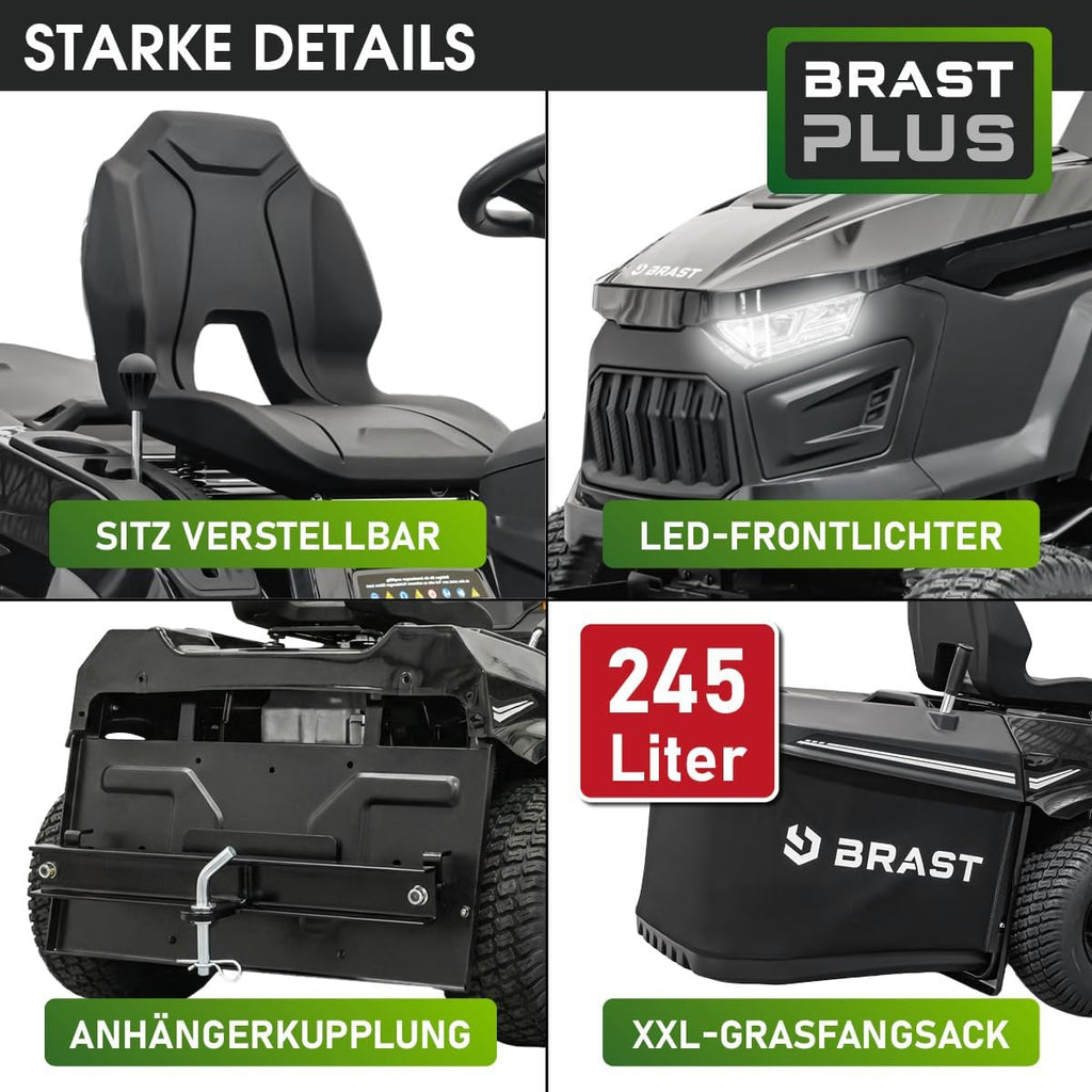 BRAST Benzin Rasentraktor Aufsitzmäher 9,2 kW (12,5 PS) Elektrostart XXL Schnittbreite 98cm 2in1-Funktion 7-Gang-Getriebe 245L Fangkorb für große Rasenflächen 1.000-5.000 m2
