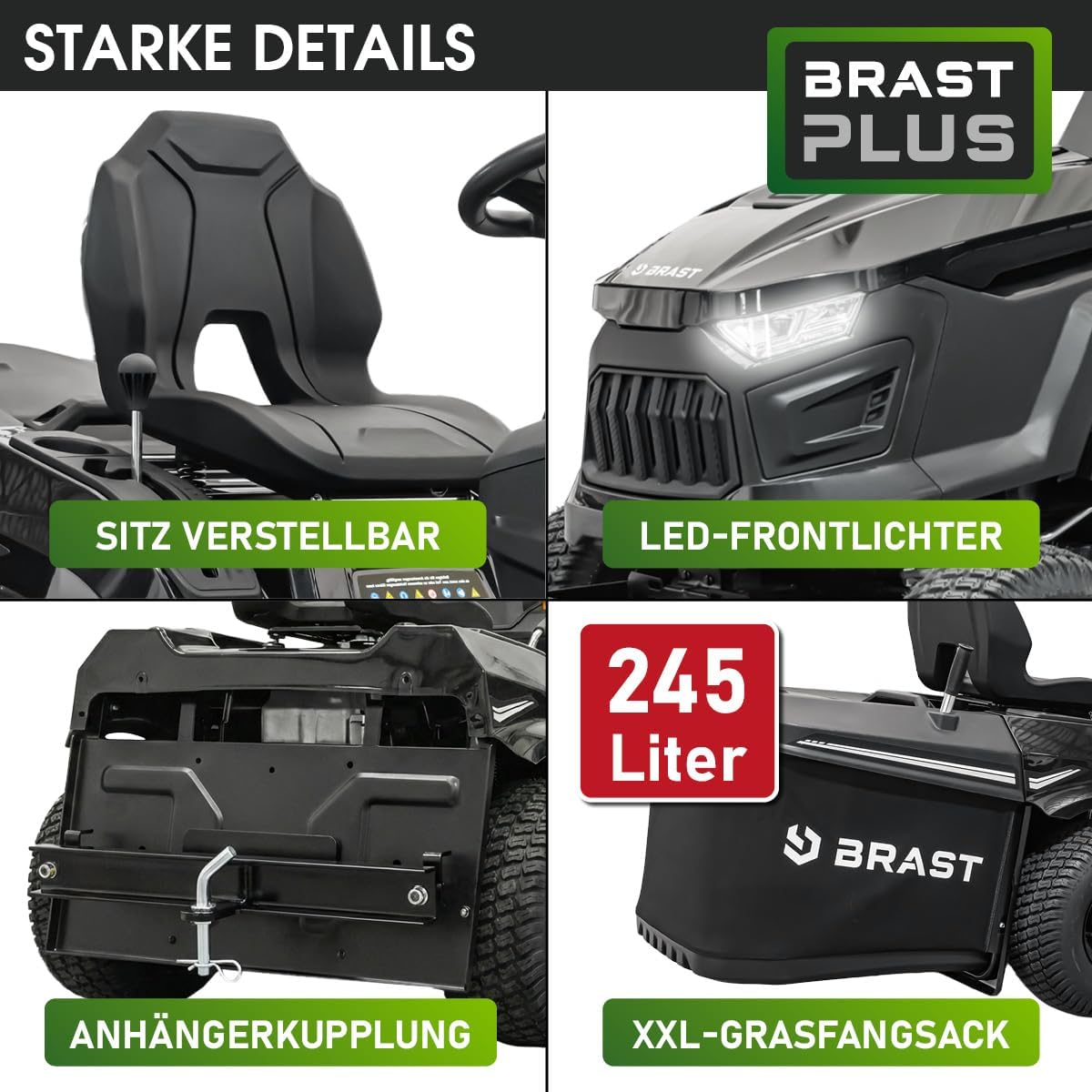 BRAST Benzin Rasentraktor Aufsitzmäher 9,2 kW (12,5 PS) Elektrostart XXL Schnittbreite 98cm 2in1-Funktion 7-Gang-Getriebe 245L Fangkorb für große Rasenflächen 1.000-5.000 m2