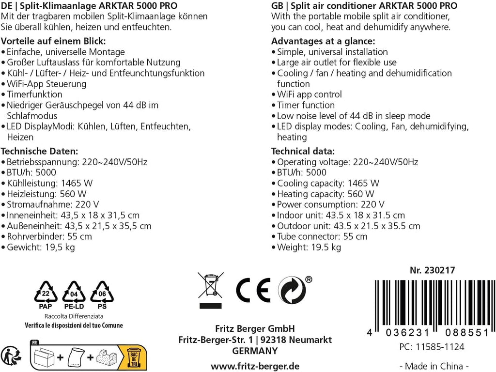 BERGER Arktar 5000 Pro Mobile Split-Klimaanlage mit Heizung | Klimaanlage mobil für Camping Wohnwagen Wohnmobil | Klimagerät zum Kühlen Entfeuchten | App Steuerung und Timerfunktion