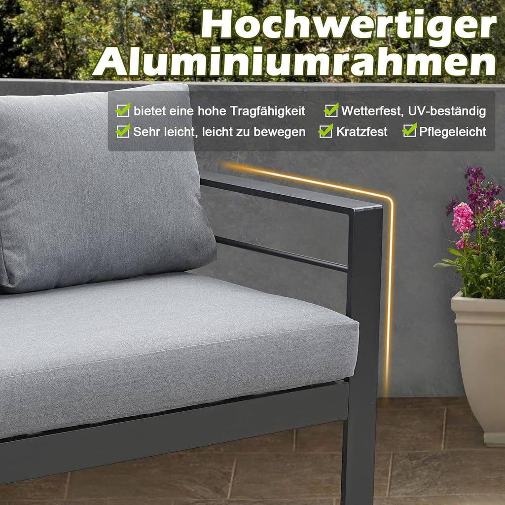 Atenza Aluminium Gartenlounge Set 6-8 Personen, Ecklounge Gartenmöbel-Set mit Ecksofa, Tisch und Sitzbank, Outdoor Lounge mit Sitz- und Rückenkissen für Garten, Terrasse, Balkon (Grau)