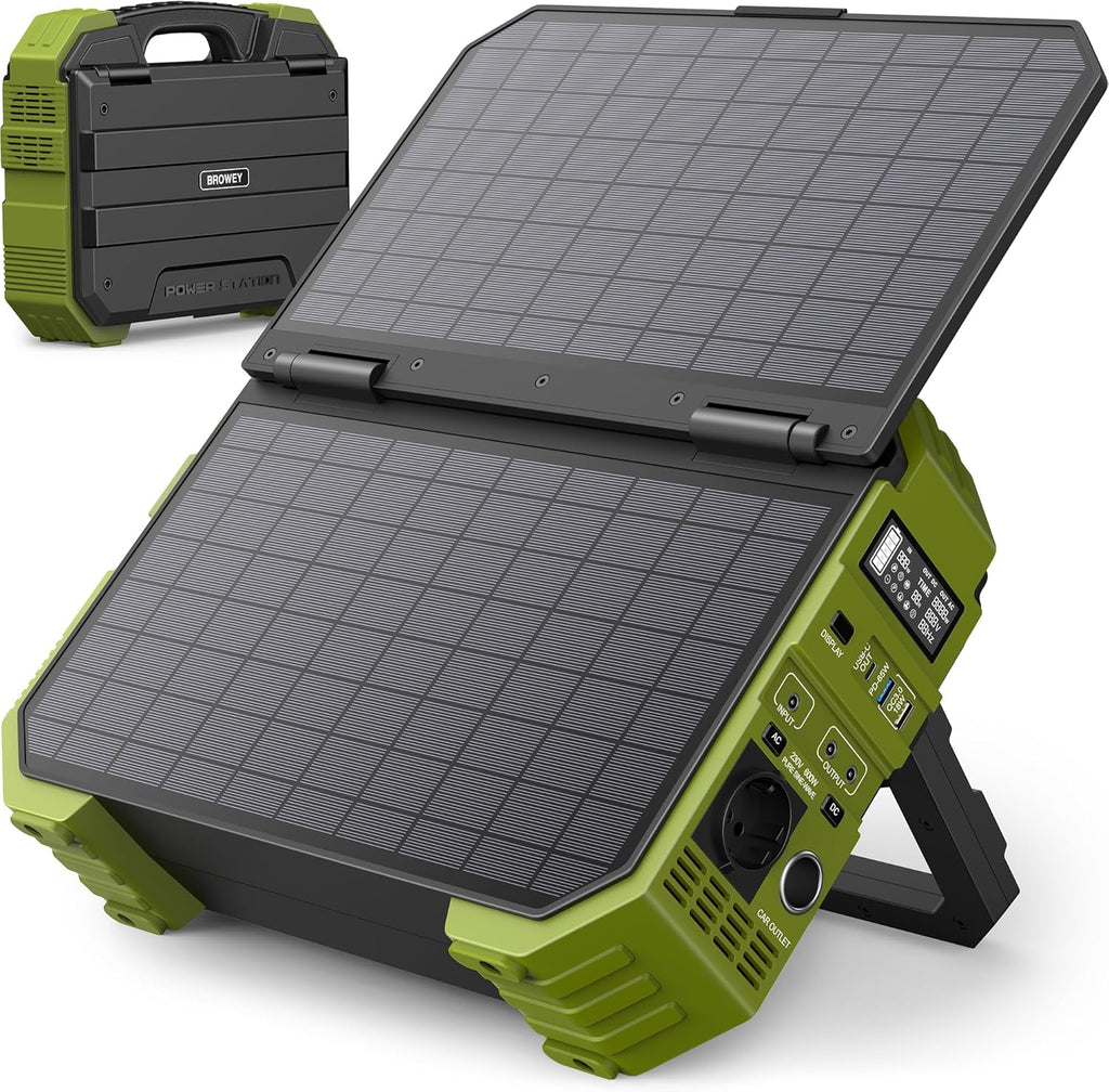 BROWEY Tragbare Power Station mit Solarpanel, 12-40W eigenes Solarladepanel, 614WH, 1000W Nennleistung, 2000W Spitzenleistung Solargenerator für Outdoor-Camping, Caravaning und Notfallvorbereitungen.