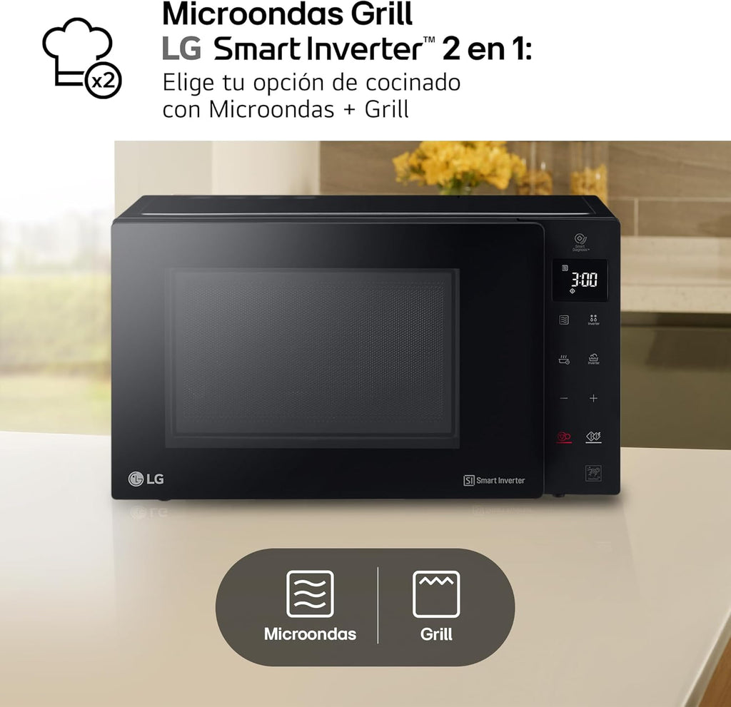 LG MH6535GIB - Microondas con grill, 1000 W, Smart Inverter, Display digital, Color Negro Transparente, 1000 W, 25 l