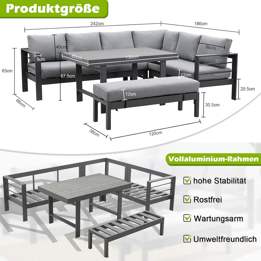 Atenza Aluminium Gartenlounge Set 6-8 Personen, Ecklounge Gartenmöbel-Set mit Ecksofa, Tisch und Sitzbank, Outdoor Lounge mit Sitz- und Rückenkissen für Garten, Terrasse, Balkon (Grau)