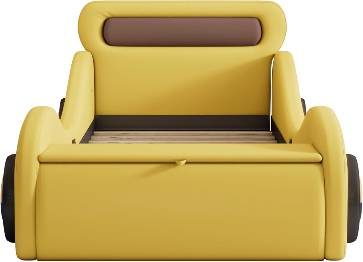 Autobett Kinderbett Jugendbett 90x200, Polsterbett Einzelbett mit leuchtenden Rädern&Stauraum, Aufregendes Auto Kinderbett für kleine Rennfahrer, Kinder Spielbett mit Lattenrost, PU,Ohne Matratze,Gelb
