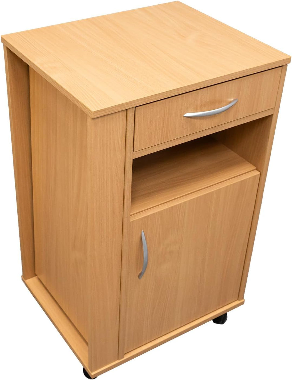 Nachttisch mit Schublade und 4 Rollen – Patientenbett-Schrank, mobil, mit Bremsen – ideal für Pflege, Reha, Krankenhäuser & Zuhause, Buche