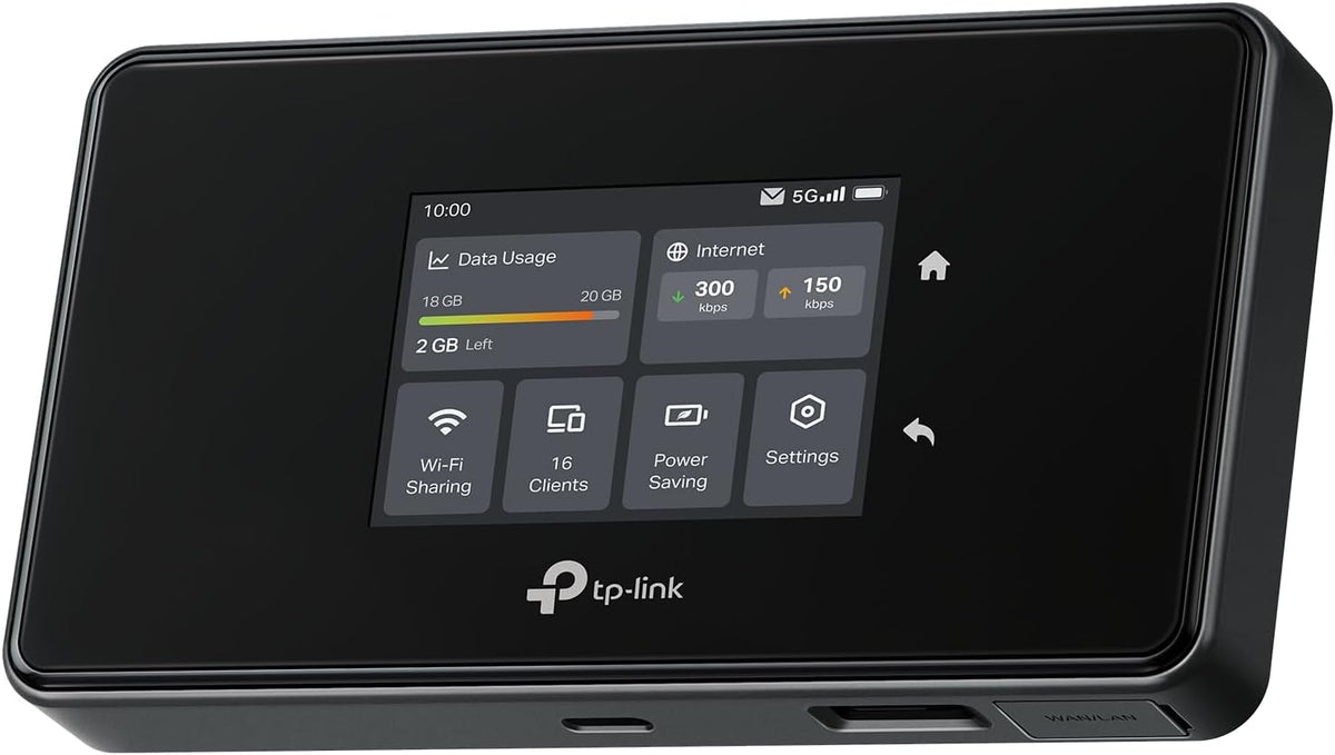 TP-Link M8550 5G LTE Mobiler WLAN Router – Bis zu 3,4 Gbit/s, Tri-Band Wi-Fi 6E, Nano-SIM-Karten Slot, Gigabit WAN/LAN, 4680 mAh Akku, Touchscreen, Wireguard, bis zu 32 Geräte