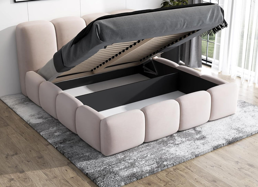 A&J MöbelLand Polsterbett 140x200 mit Bettkasten und Lattenrost – DONA, Bett mit Matratze und Stauraum in Dunkelgrau