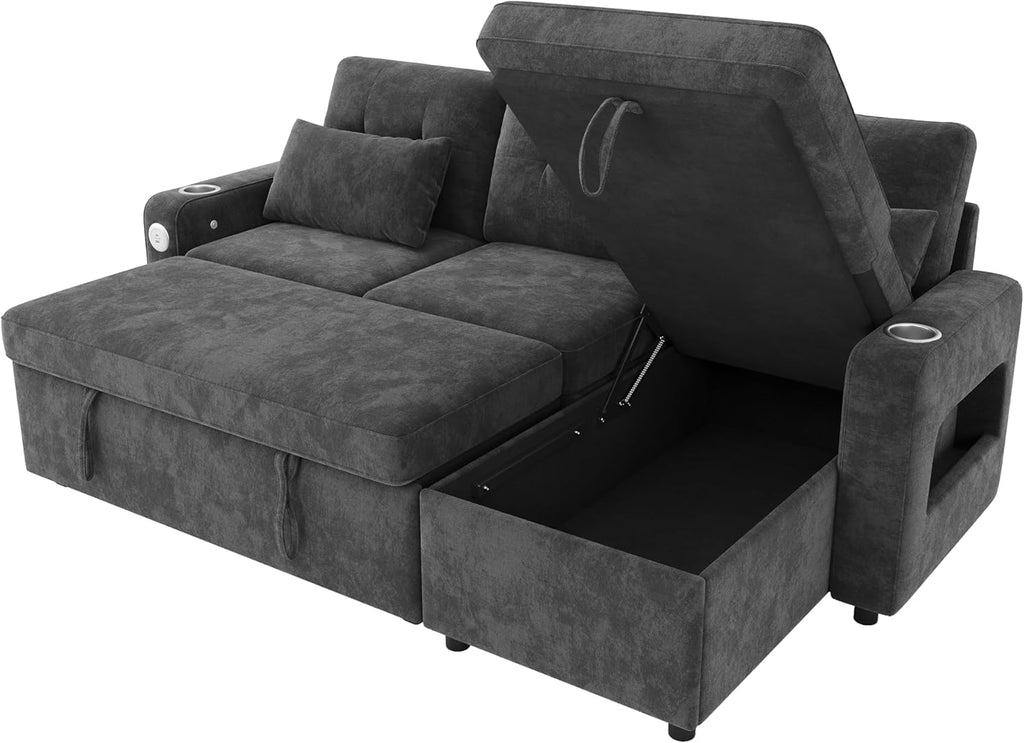 Merax Sofa Ecksofa mit Schlaffunktion und Bettkasten, Praktisches Schlafsofa mit Stauraum, LED-Beleuchtung, USB/Typ-C und 2 Getränkehalter, Ausziehbares Schlafcouch L-Form, Chenille Stoff, Grau