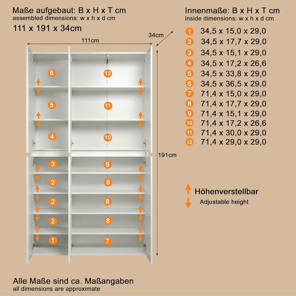 trendteam smart living - Nevada - Mehrzweckschrank - Weiß - Schrank mit 6 Türen, 12 Einlegeböden und 1 Kleiderstange - (BxHxT) 111 x 191 x 34 cm - grifflose Türen