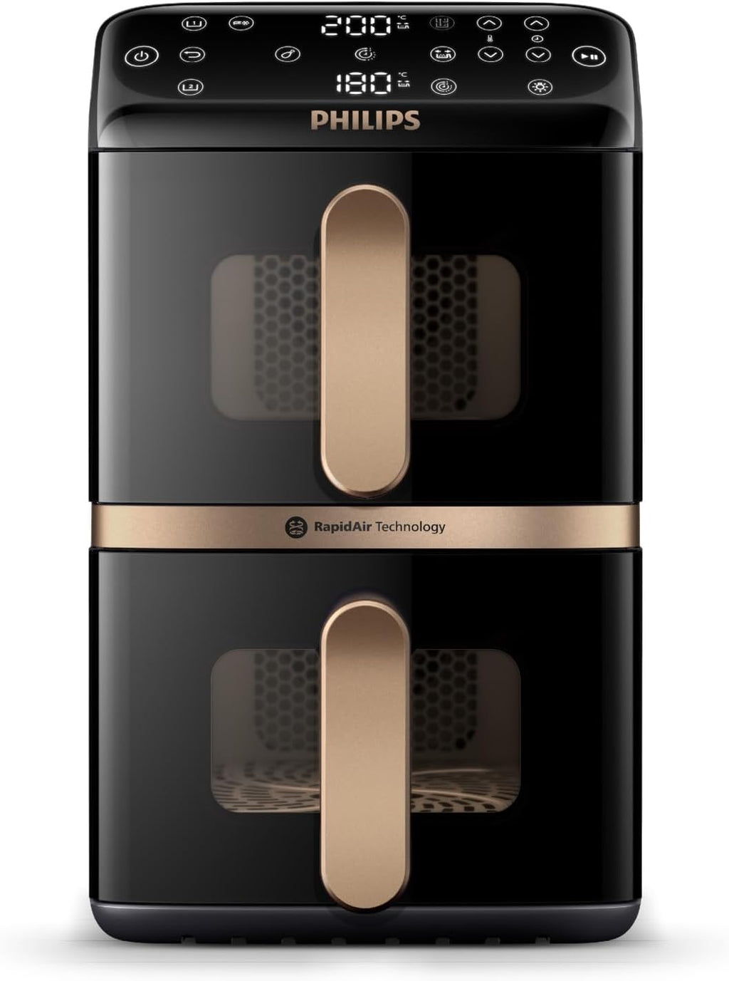 Philips Airfryer 4000 Series Stacked Dual Basket, Gestapelte Heißluftfritteuse mit 2 Körben, 10L, RapidAir Technologie, 45% weniger Platzbedarf, PFAS-freie Keramikbeschichtung, Sichtfenster (NA462/70)